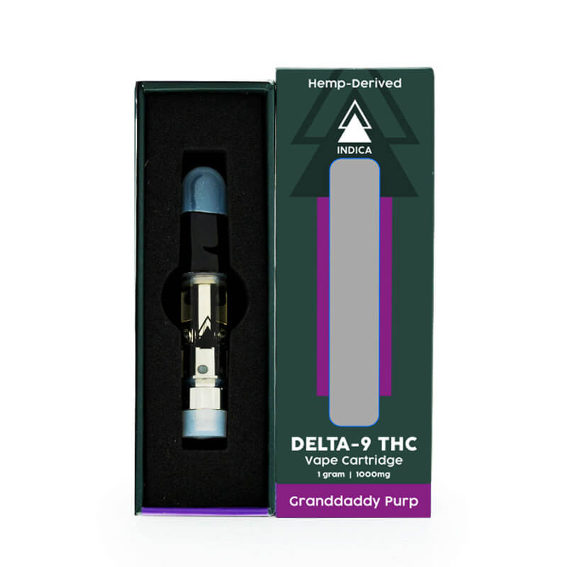 Serene Tree Delta-9 THC Vape Cartridge Granddaddy Purp product box and cartridge