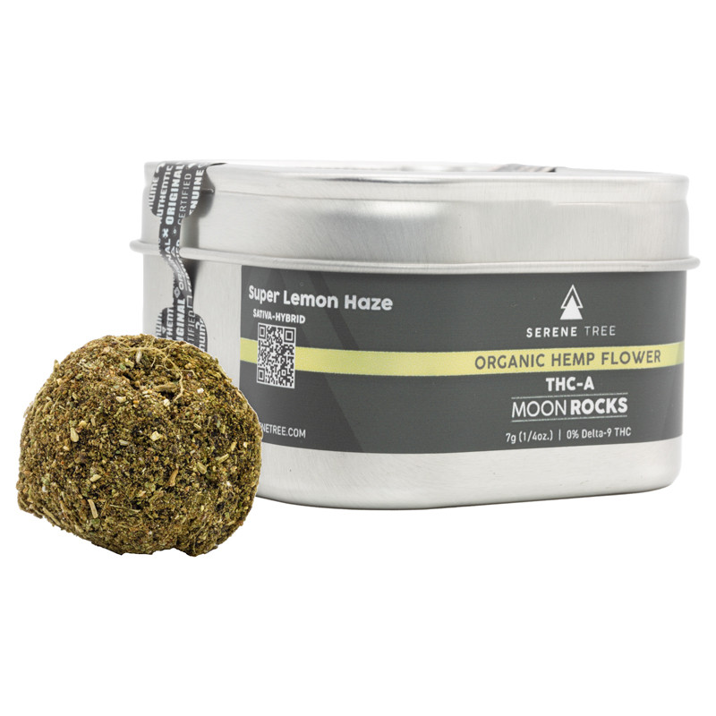 Serene Tree THCA Moonrocks 7 gram tin with sticky hemp flower moonrock nug