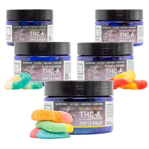 Bottle and Tree THCA Gummies 300mg jars in watermelon, green apple, blue raspberry, peach, and rainbow flavors